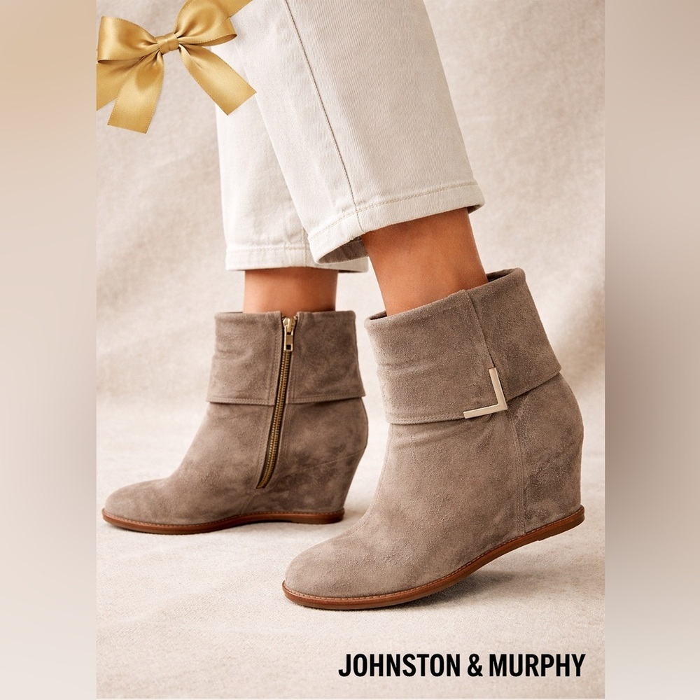 Johnston & Murphy Suede Wedge Ankle Boots Taupe Size 7 - Picture 1 of 10